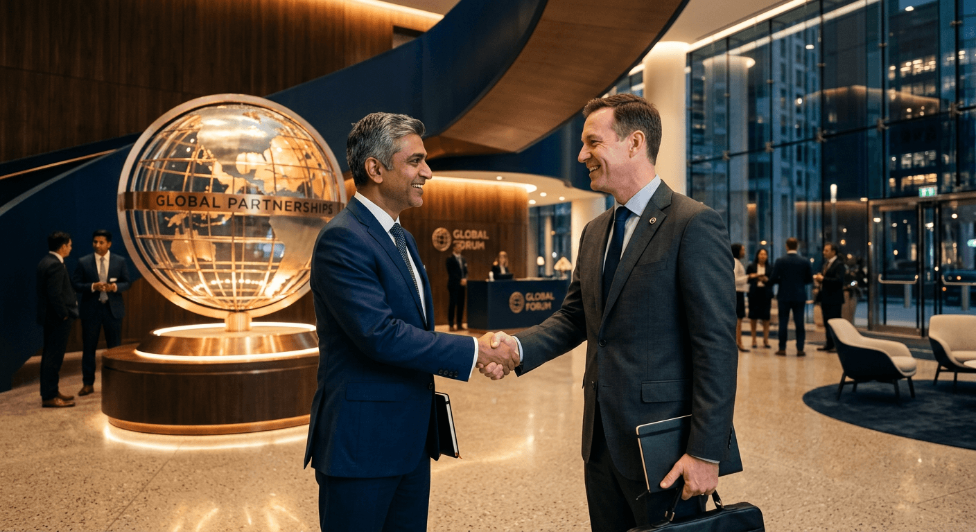 Business partners shaking hands to seal a global partnership